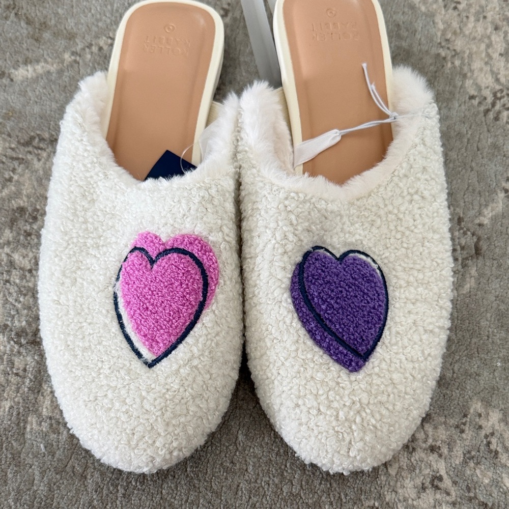 Cream Shearling Slip-On Slippers with Pink & Purple Heart Details
